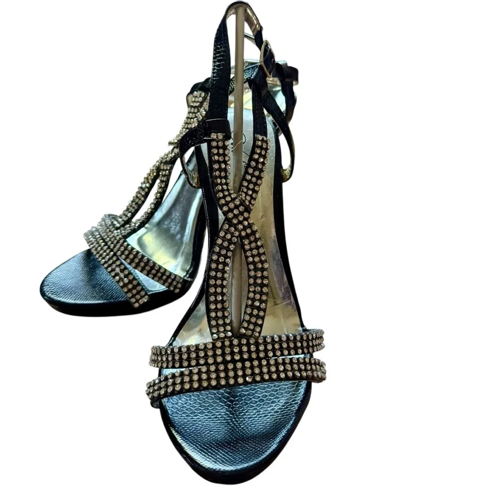 Wild Rose Black Rhinestone Open Toe Strappy Slingback Stiletto Sandals Size 8
